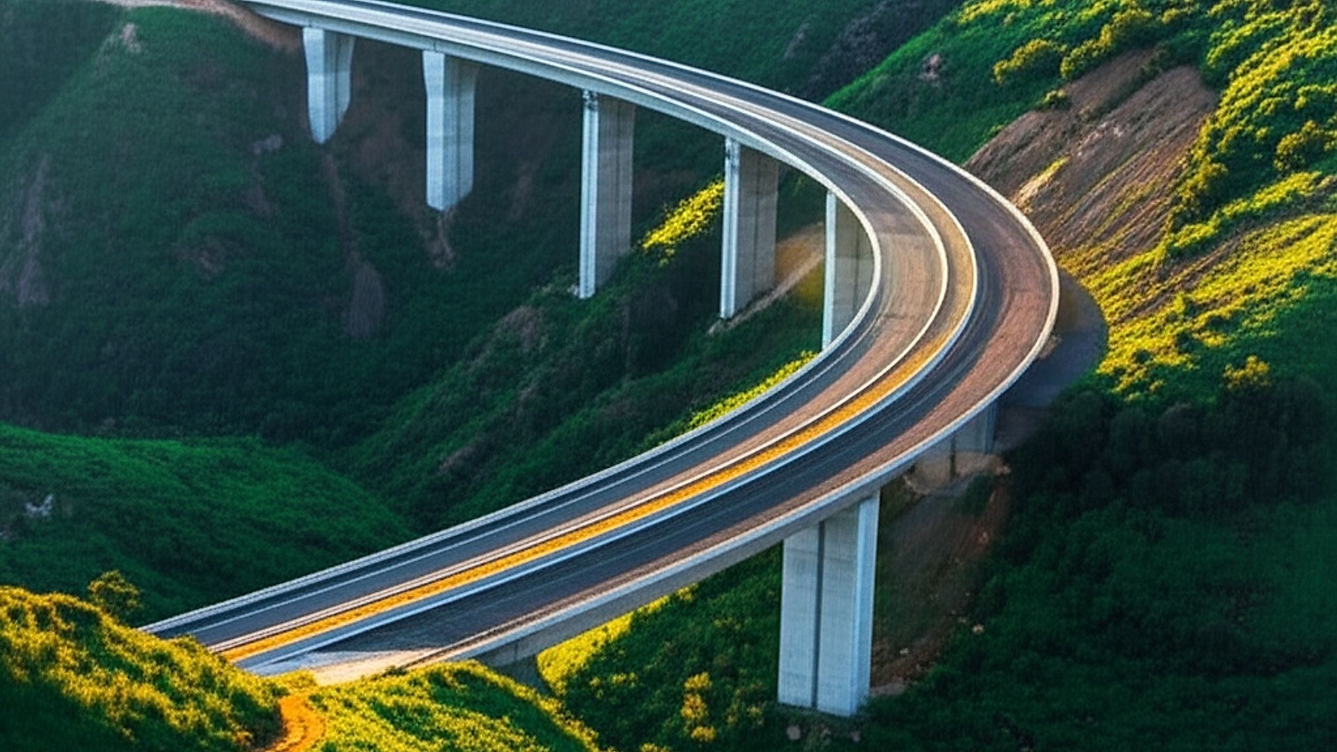 Architectural photograph of a newly constructed section of the two-lane highway connecting Nongstoin to Tura in Northeast India. Focus on a sweeping curve of the road cutting through lush, hilly terrain. Capture the scene during the late afternoon golden hour, highlighting the warm light reflecting off the asphalt and surrounding foliage. Employ a wide-angle lens with shallow depth of field to emphasize the road's scale and integration with the natural environment. Professional architectural photography style with minimal distortion, emphasizing clarity and detail.. Professional architectural photography, ultra-high quality, sharp focus, vivid colors, dramatic lighting, golden hour, cinematic composition, 8K UHD, photorealistic.