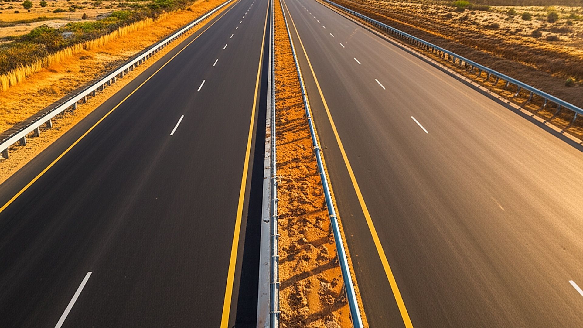 Architectural photograph showcasing the completed NH-751 km 48.520–71.060, a modern four-lane expressway within the DSIR Zone of Ahmedabad. Capture a wide, sweeping vista, highlighting the smooth asphalt and clear lane markings. The setting features arid, regional vegetation bordering the highway, typical of the Ahmedabad district. Shoot during the "golden hour," early morning, with warm, directional sunlight casting long shadows, emphasizing the road's contours and depth. Employ a professional architectural photography style, focusing on clean lines, symmetry, and a sharp, detailed image.. Professional architectural photography, ultra-high quality, sharp focus, vivid colors, dramatic lighting, golden hour, cinematic composition, 8K UHD, photorealistic.